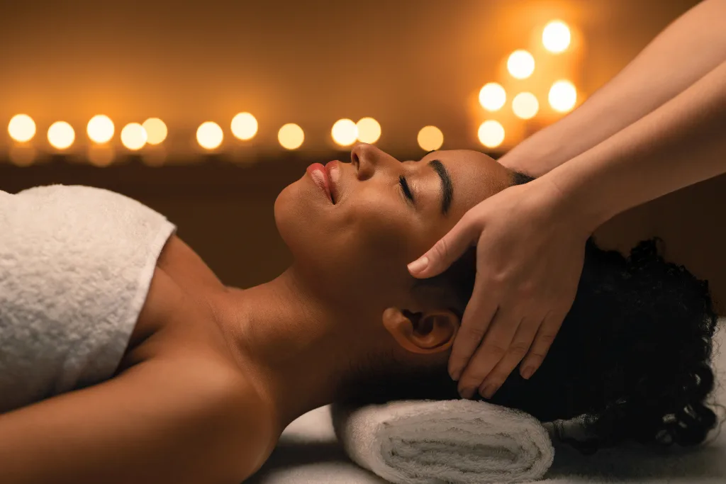 Relaxing head massage at serenity head spa, promoting a sense of well-being and potentially boosting blood flow to the scalp.