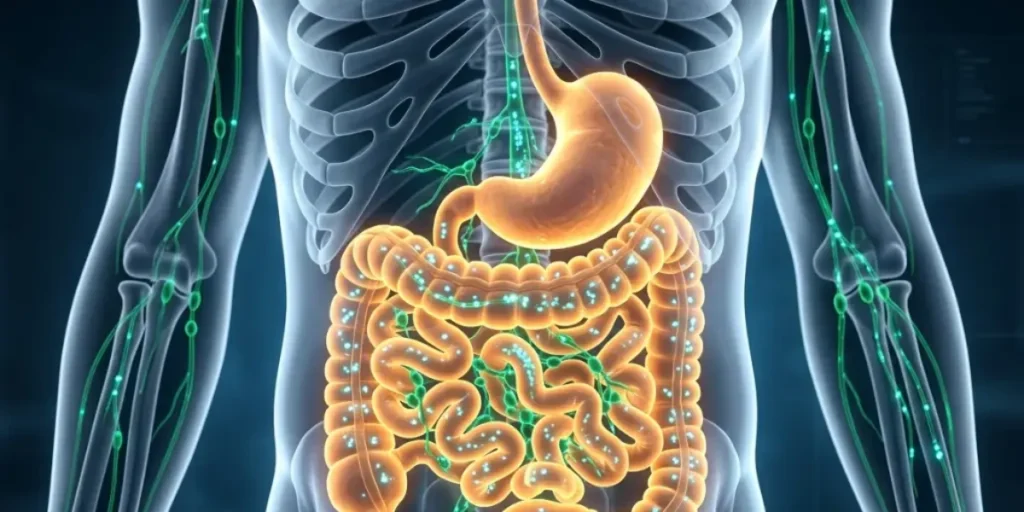 Lymphatic Drainage Massage For Stomach Bloating: Benefits &Amp; Guide 1 A 3D Anatomical Medical Illustration Of The Human Torso Showing The Stomach, Intestines, And The Lymphatic System Highlighted In Green.