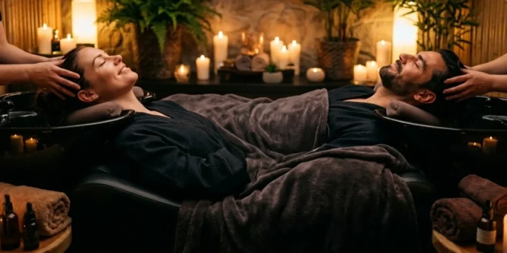 A Man And A Woman Receiving Relaxing Couples Head Spa In A Candlelit Spa. They Are Reclining In Head Spa Chairs Surrounded By Warm Lights And Greenery