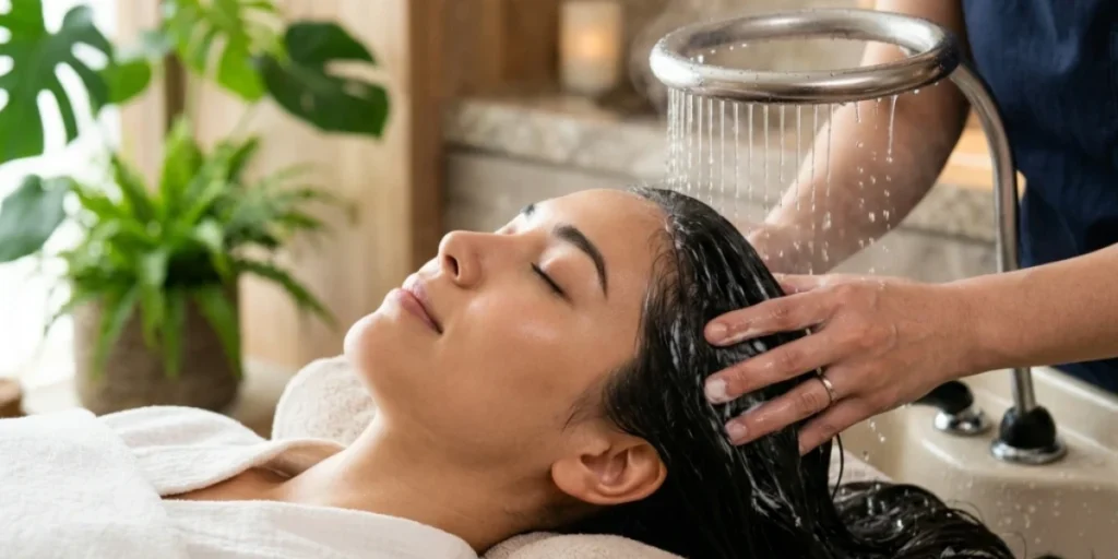 A Woman Enjoying A Head Spa Treatment With A Circular Halo Water Rinse. A Therapist Massages Her Scalp In A Bright, Modern Spa Setting.