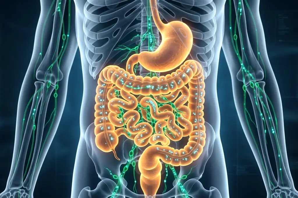 A 3D anatomical medical illustration of the human torso showing the stomach, intestines, and the lymphatic system highlighted in green.