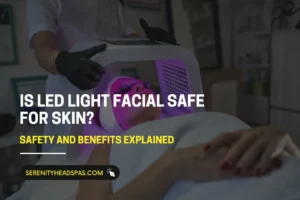 A client receiving a professional LED light facial treatment at a spa with a purple glow under a therapy device.