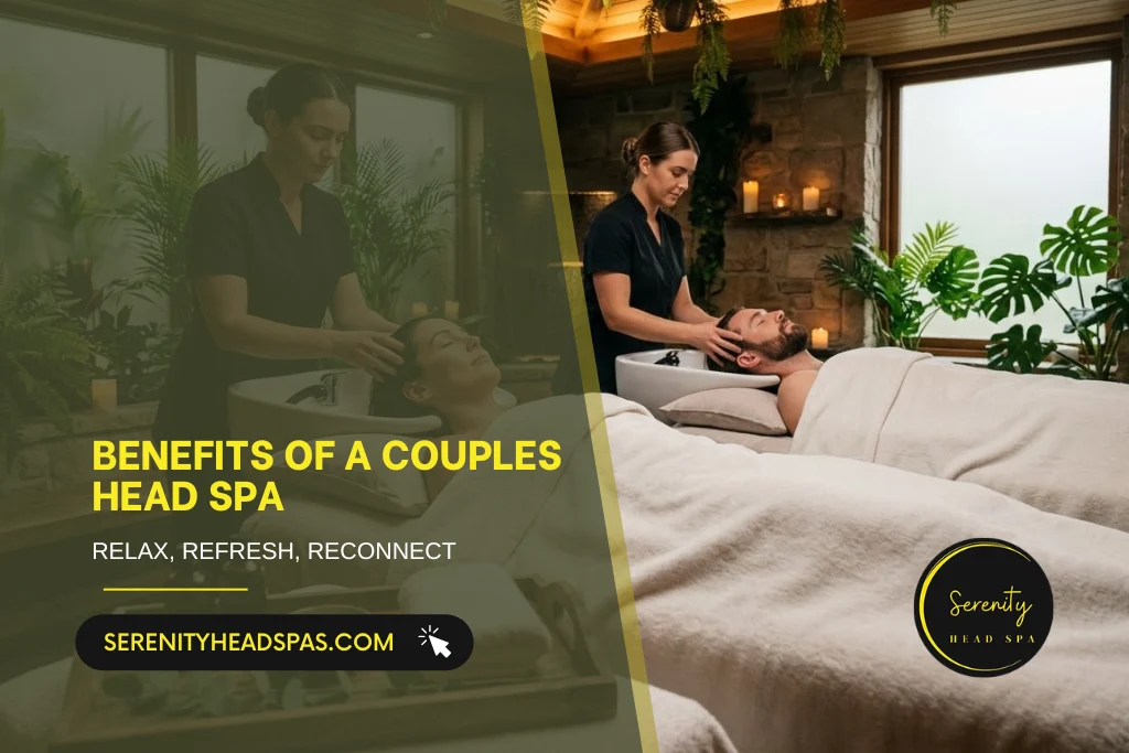 A promotional image for Serenity Head Spa showing a couple receiving scalp massages. The text on the graphic highlights the benefits of a couples head spa: relax, refresh, and reconnect.