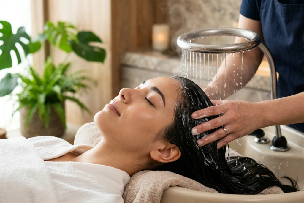A woman enjoying a head spa treatment with a circular halo water rinse. A therapist massages her scalp in a bright, modern spa setting.