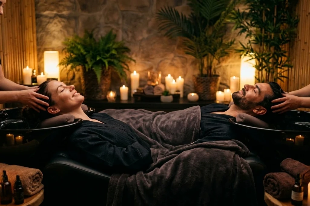 A man and a woman receiving relaxing couples head spa in a candlelit spa. They are reclining in head spa chairs surrounded by warm lights and greenery