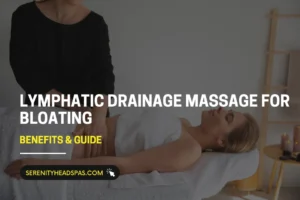 A woman receiving a professional lymphatic drainage stomach massage on a spa table to help with bloating and digestion.