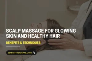 A woman receiving a professional scalp massage at Serenity Head Spas to promote glowing skin and healthy hair.