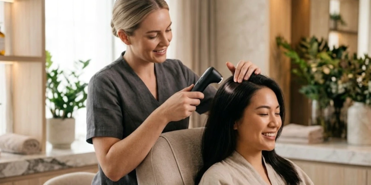 Is A Head Spa Worth The Money? 2 A Professional Hair Specialist Performing A Scalp Analysis On A Client Using A Handheld Digital Microscope.