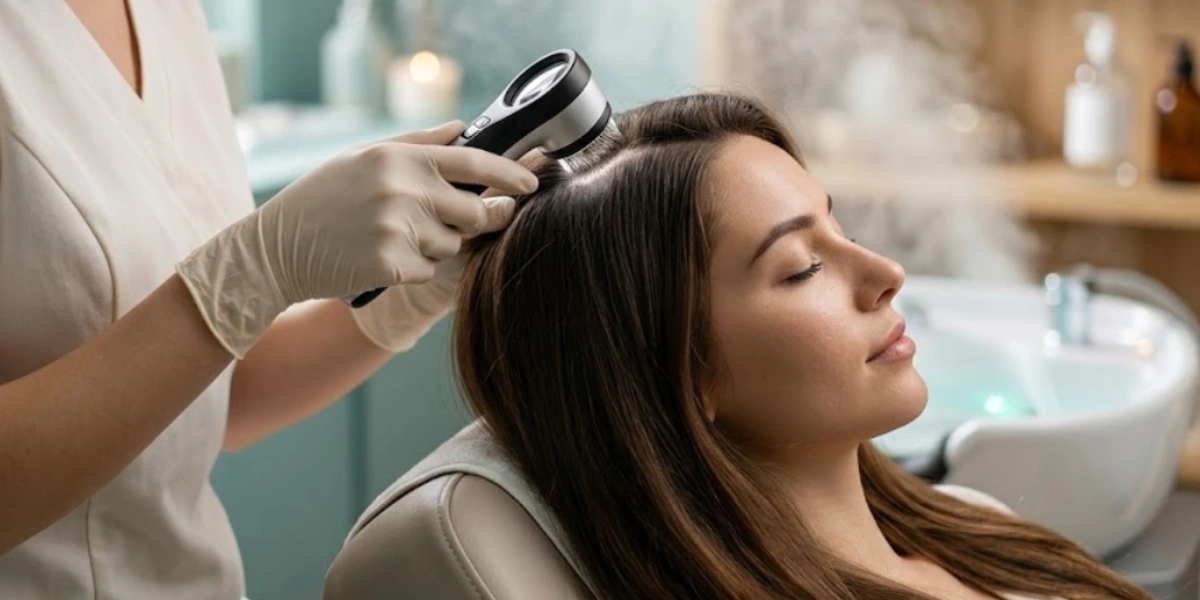 Oily Scalp Vs. Dry Scalp: Why Diy Fails &Amp; How A Head Spa Fixes It 2 A Professional Spa Technician Using A High-Tech Scalp Analysis Camera On A Client’s Hair In A Serene, Steaming Head Spa Environment