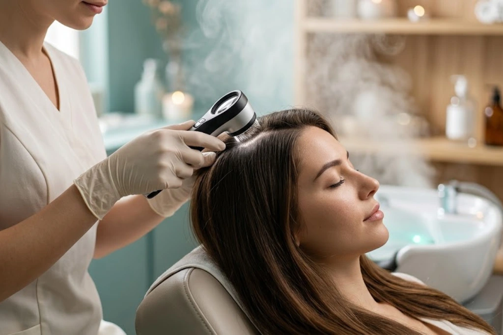 A professional spa technician using a high-tech scalp analysis camera on a client’s hair in a serene, steaming head spa environment.