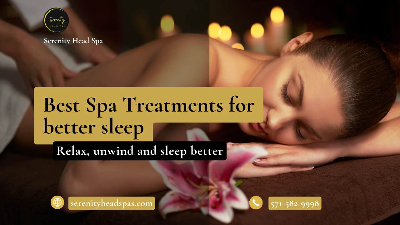 A person receiving a relaxing therapeutic massage at a head spa with soft ambient lighting, candles, and aromatherapy diffusers to promote better sleep and stress relief.