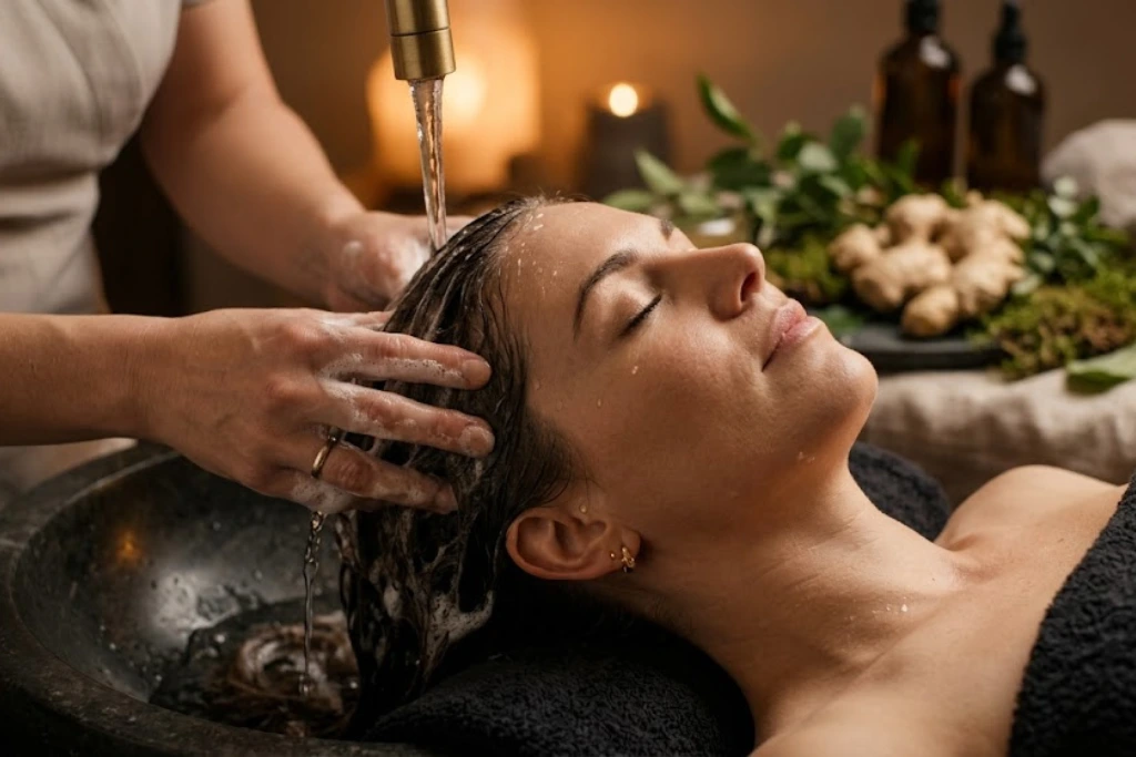 Ginger scalp treatment and head massage for a relaxing Japanese head spa experience.