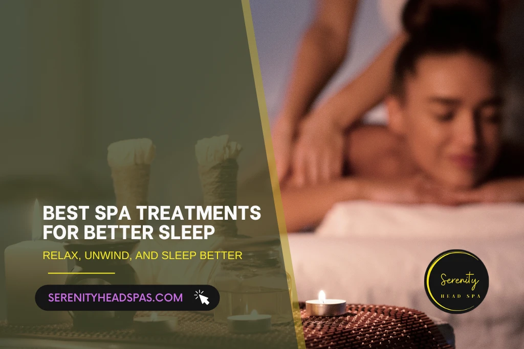 A person receiving a relaxing therapeutic massage at a head spa with soft ambient lighting, candles, and aromatherapy diffusers to promote better sleep and stress relief.