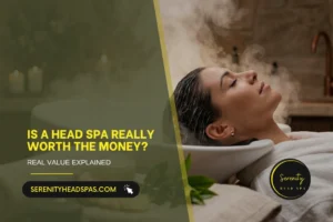 Serenity Head Spa treatment with steam therapy and scalp massage for hair health and relaxation.
