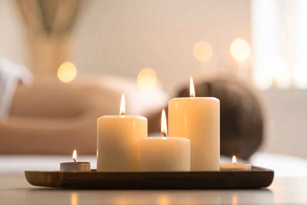 Lit candles on a wooden tray in a serene, blurred spa setting.