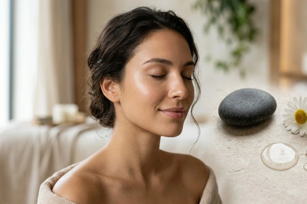 A serene woman with eyes closed during a spa treatment, featuring a basalt hot stone and chamomile flower on a treatment table.