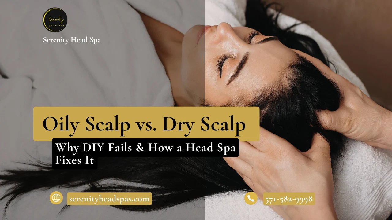 Close-up scalp analysis showing dandruff and dryness under a magnifying glass for Serenity Head Spa’s guide on oily vs. dry scalp treatments.