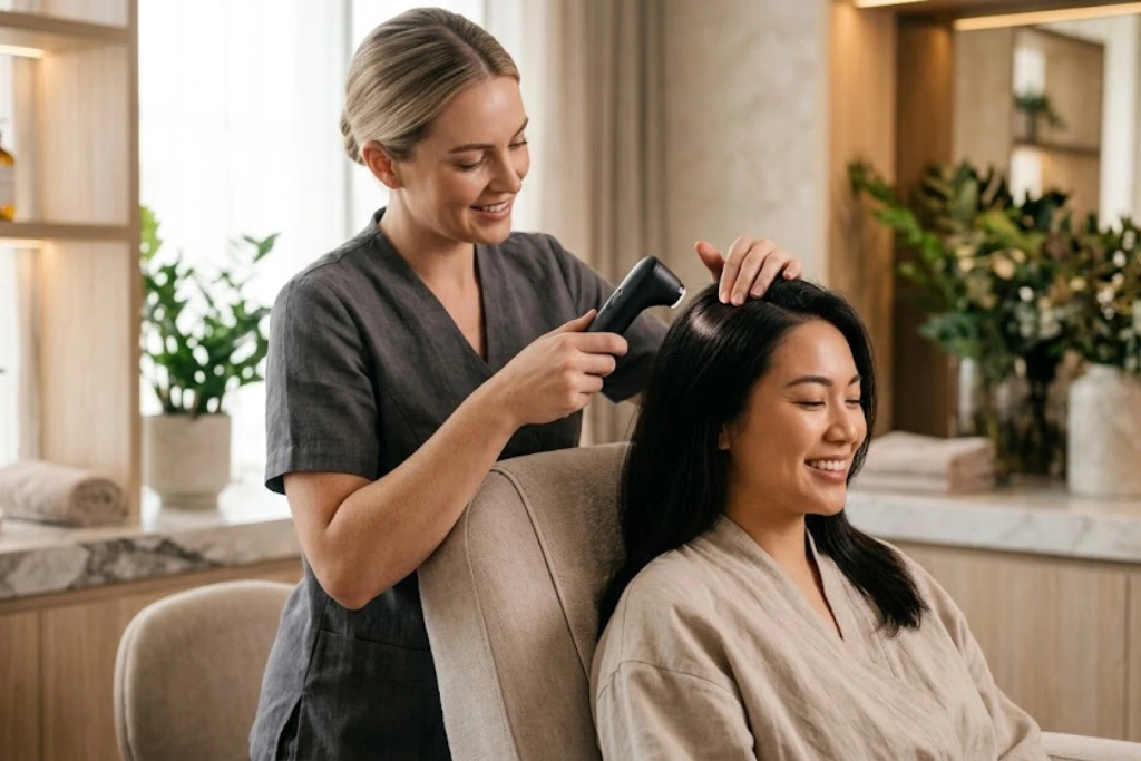 A professional hair specialist performing a scalp analysis on a client using a handheld digital microscope.