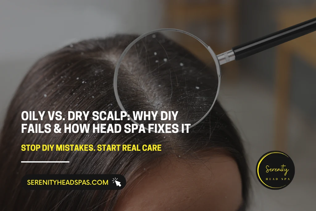 Close-up scalp analysis showing dandruff and dryness under a magnifying glass for Serenity Head Spa’s guide on oily vs. dry scalp treatments.