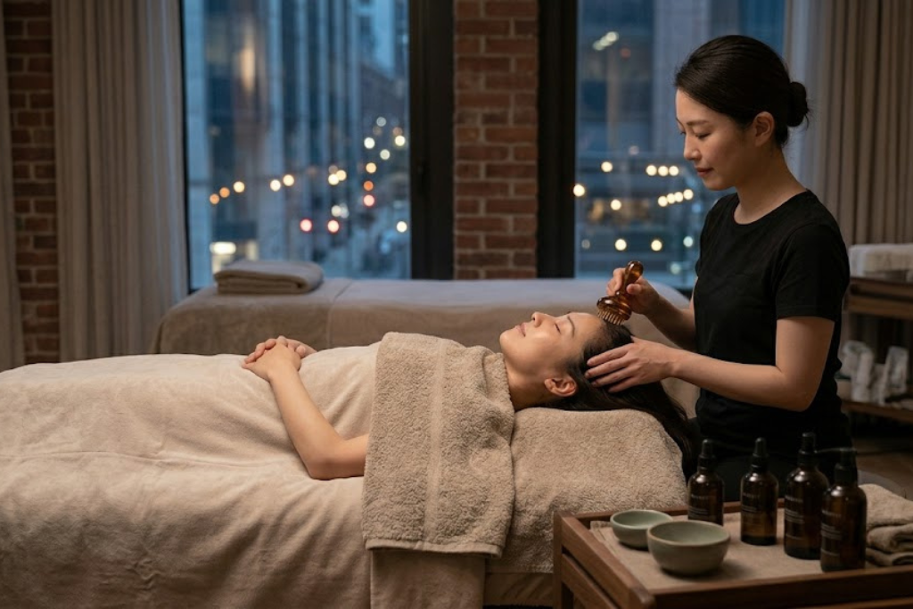 A head spa therapist performing a scalp massage on a client in a modern city spa, highlighting factors like premium products and facility quality that influence pricing.