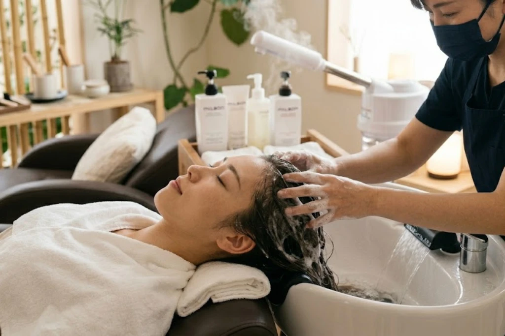 A woman receiving a Japanese head spa treatment with a foaming scalp massage and hair mist steamer in a tranquil spa setting.