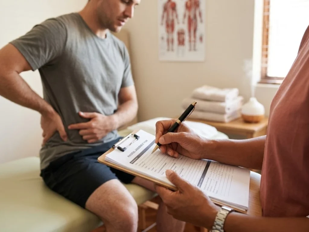 A Massage Therapist Filling Out A Medical Assessment Form While A Male Client Describes Lower Back Pain Before A Treatment Session.