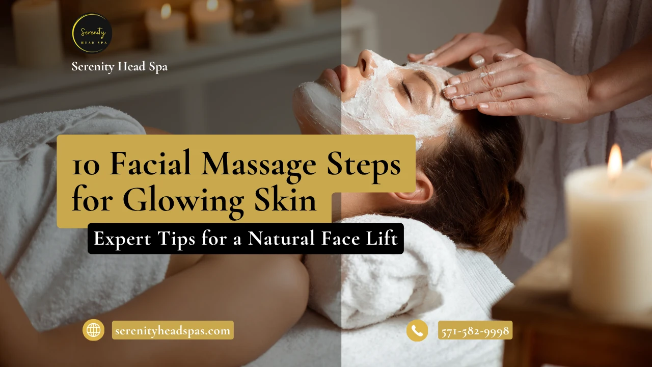 Infographic banner for a professional facial massage and natural face lift treatment at Serenity Head Spa.